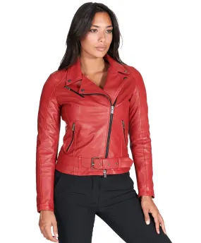 Blouson cuir femme motard rouge