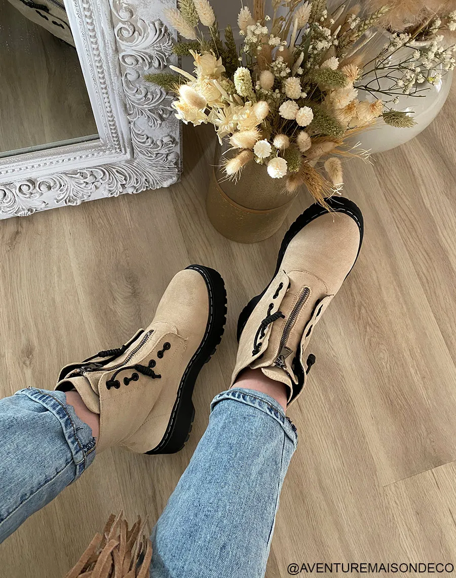 Bottines en suédine beige à zip