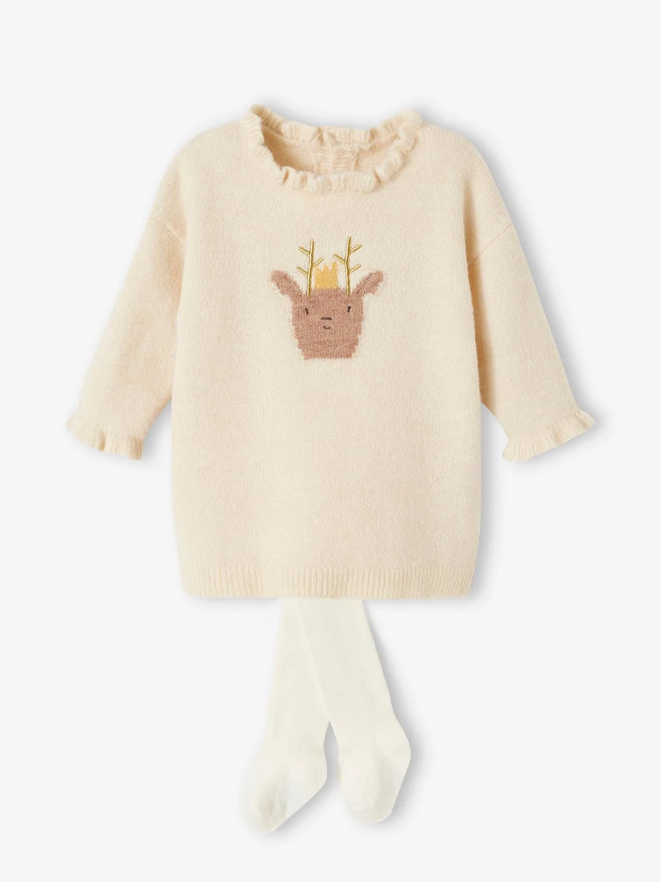 Ensemble de Noël bébé robe en tricot motif renne + collant écru - Vertbaudet