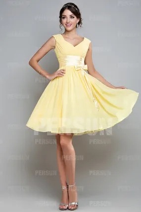 Femme robe de cocktail jaune poussin col en v en mousseline