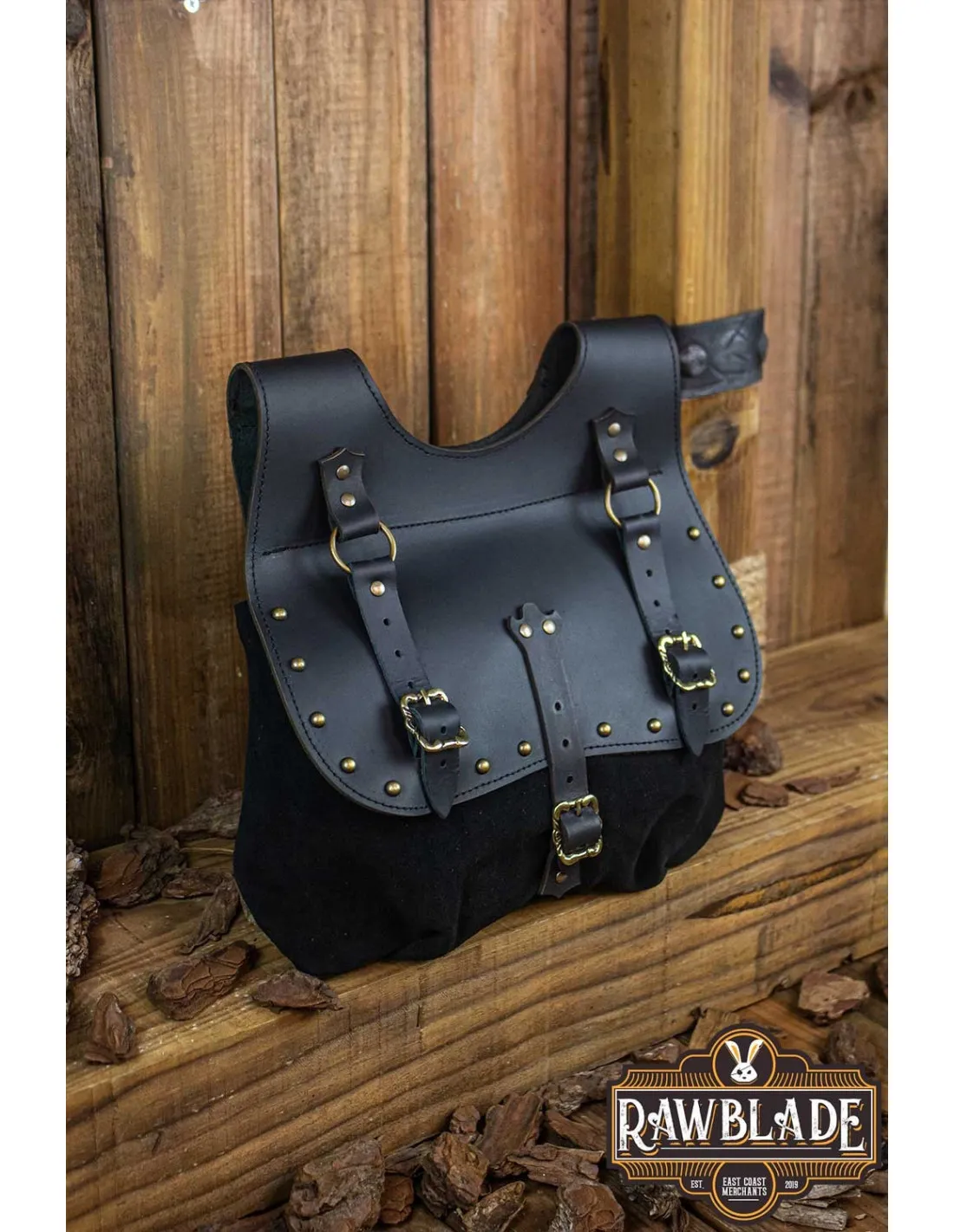 Grand sac médiéval en cuir Agor - Noir ⚔️ Boutique Épées