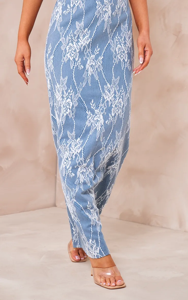 Jupe longue en jacquard et dentelle deluxe bleue