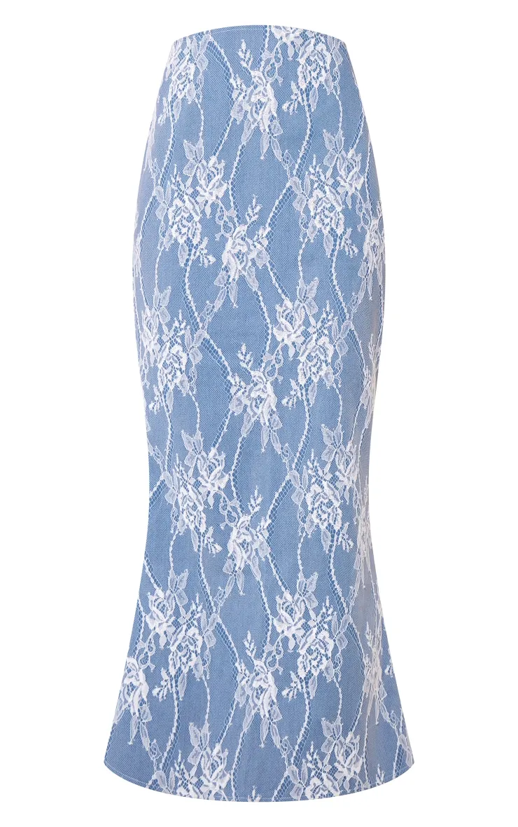 Jupe longue en jacquard et dentelle deluxe bleue