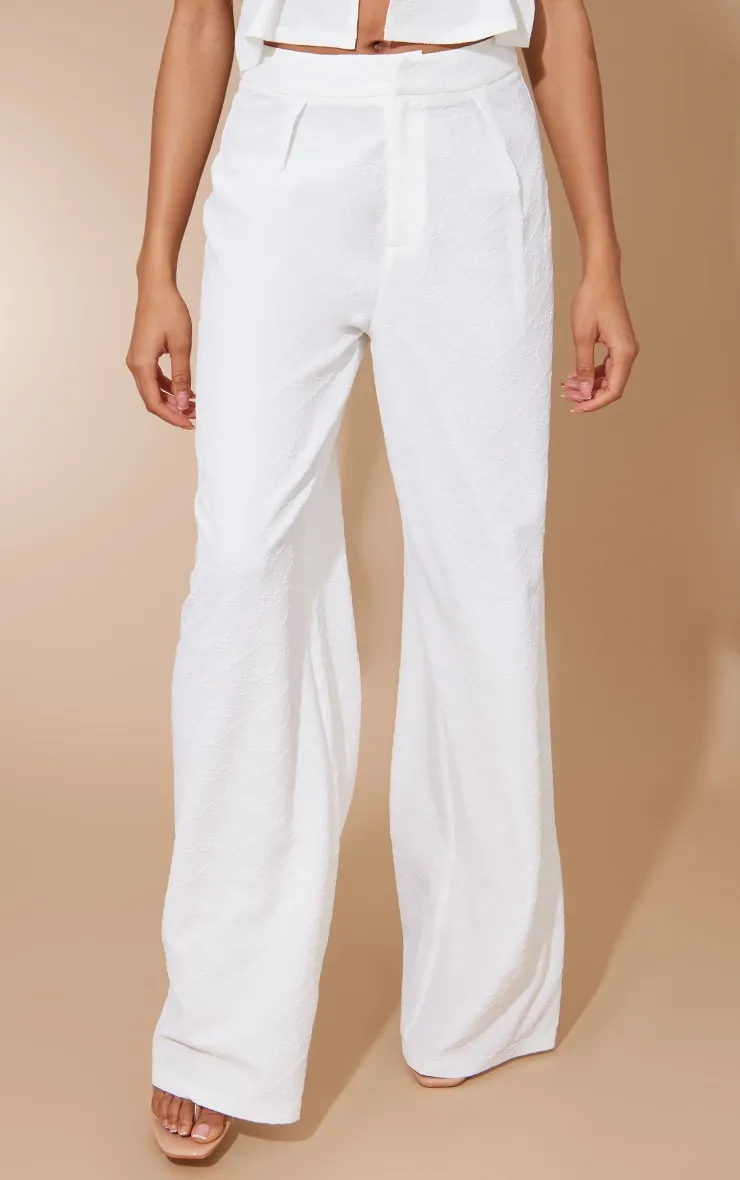 Pantalon de tailleur blanc taille haute à fleurs en jacquard