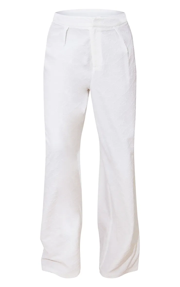 Pantalon de tailleur blanc taille haute à fleurs en jacquard