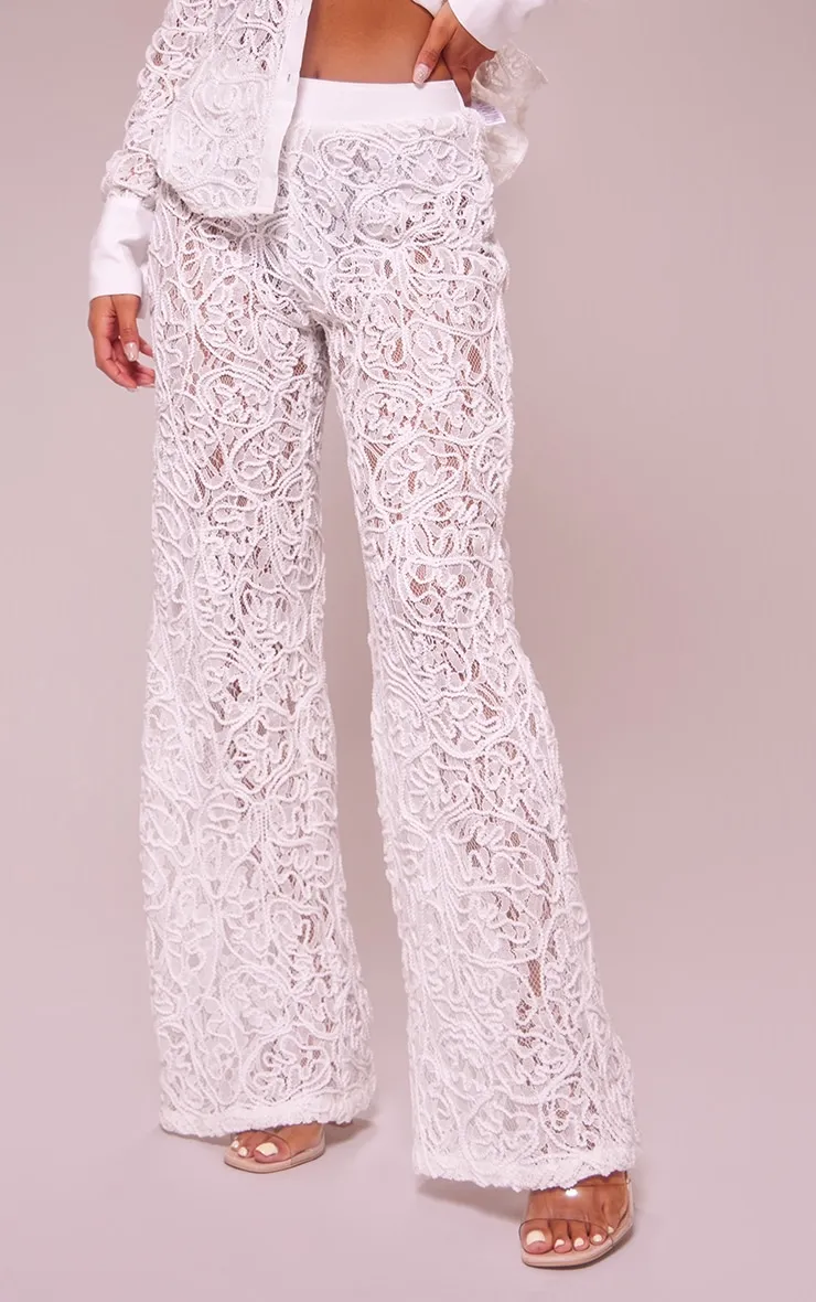 Pantalon large blanc deluxe en dentelle jacquard tissée