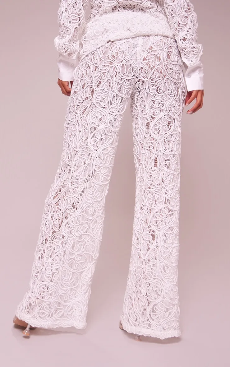 Pantalon large blanc deluxe en dentelle jacquard tissée