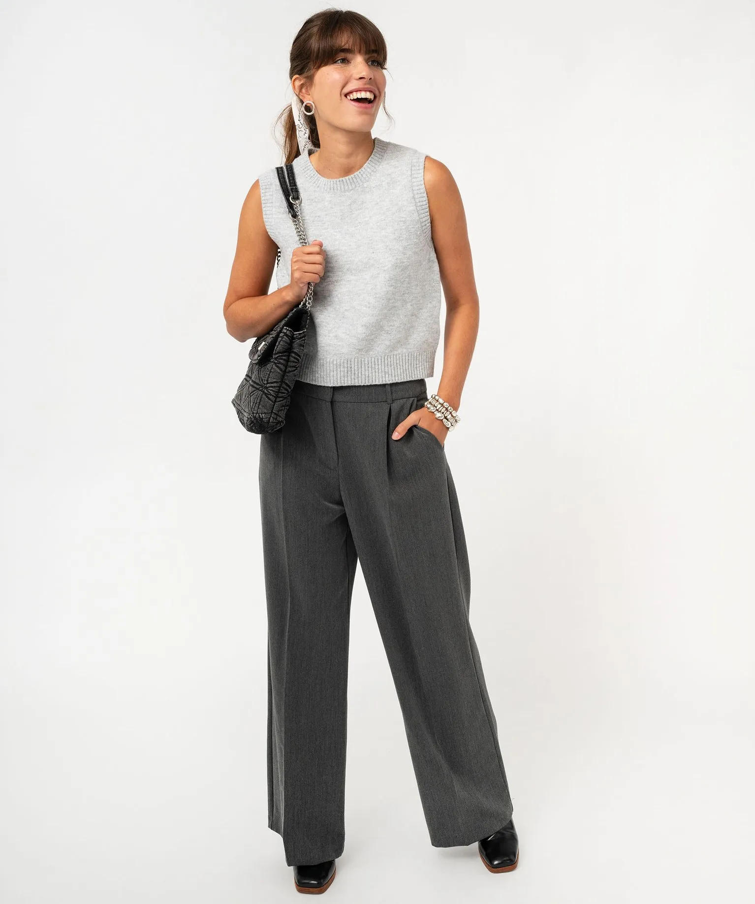 Pantalon large à pinces femme gris