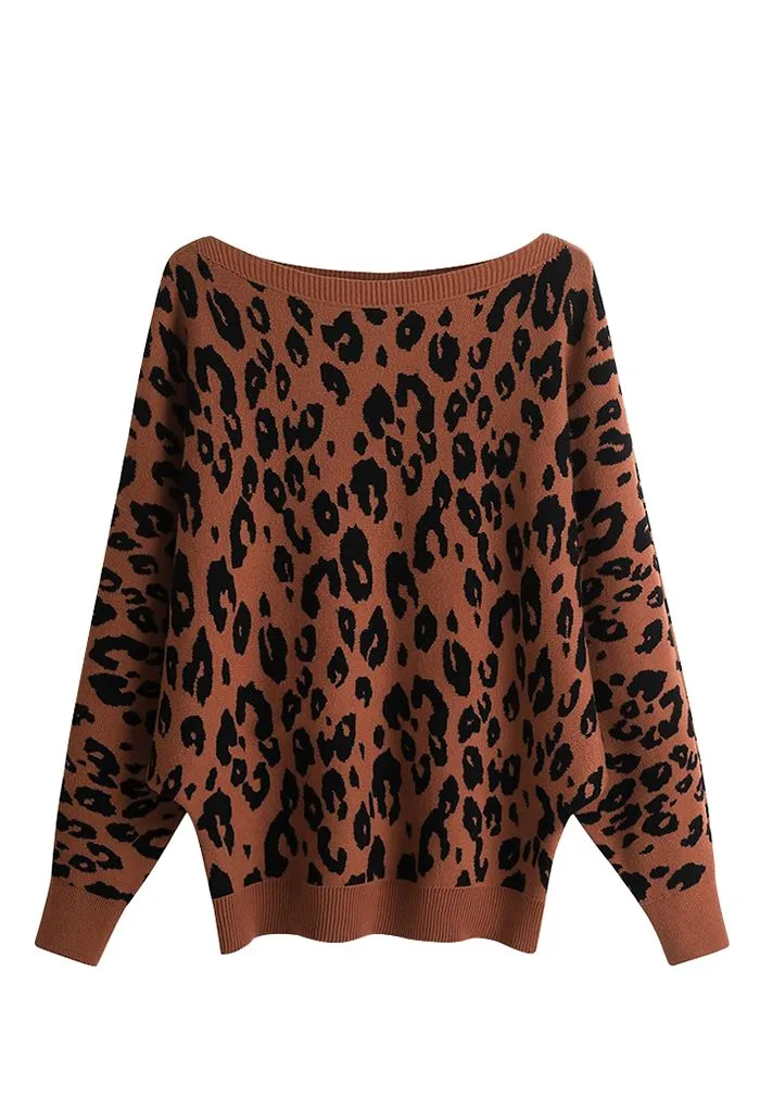 Pull à manches chauve-souris en jacquard léopard en caramel