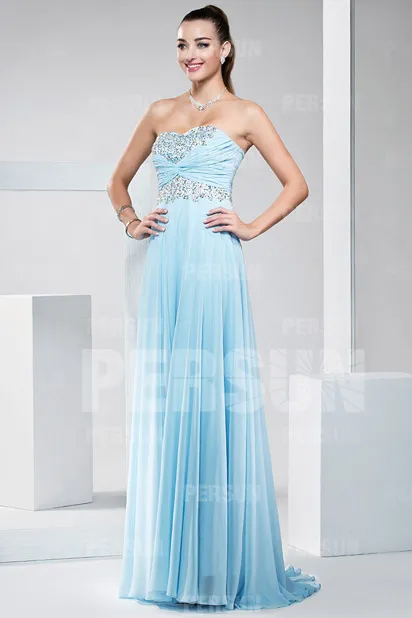 Robe bleu de soirée bustier ornée des paillettes en mousseline - Robedesoireelongue.fr