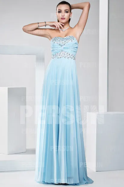 Robe bleu de soirée bustier ornée des paillettes en mousseline - Robedesoireelongue.fr