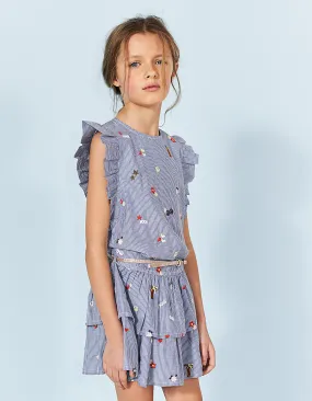 Robe bleu foncé à rayures et broderies fille