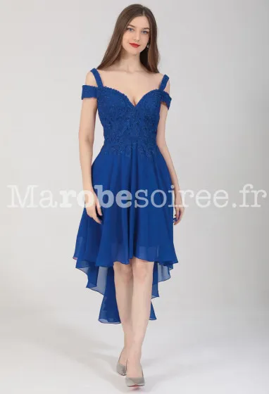 Robe de soirée asymétrique col bardot - réf 2206 en Dentelle, Mousseline