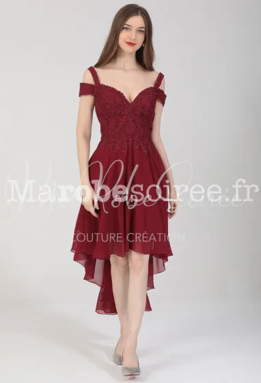 Robe de soirée asymétrique col bardot - réf 2206 en Dentelle, Mousseline