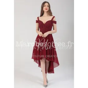 Robe de soirée asymétrique col bardot - réf 2206 en Dentelle, Mousseline