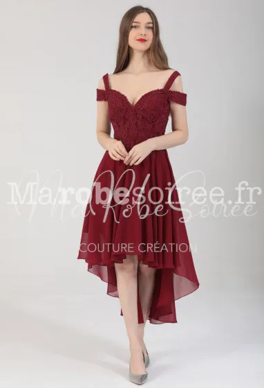 Robe de soirée asymétrique col bardot - réf 2206 en Dentelle, Mousseline