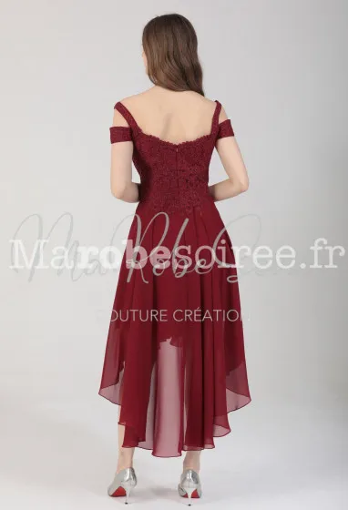 Robe de soirée asymétrique col bardot - réf 2206 en Dentelle, Mousseline