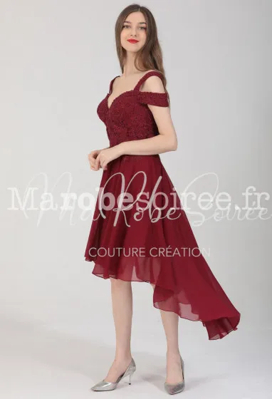 Robe de soirée asymétrique col bardot - réf 2206 en Dentelle, Mousseline