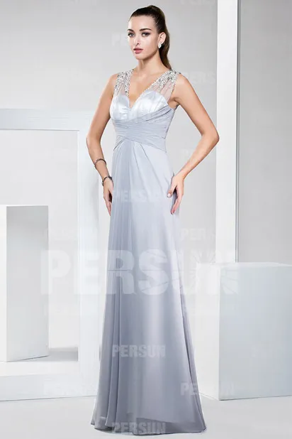 Robe de soirée grise pour mariage longue col V en mousseline