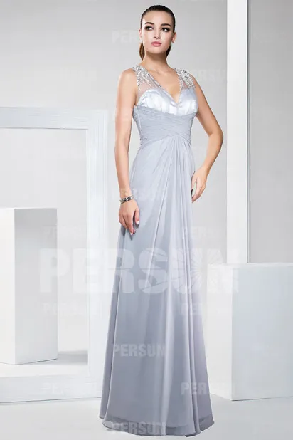 Robe de soirée grise pour mariage longue col V en mousseline