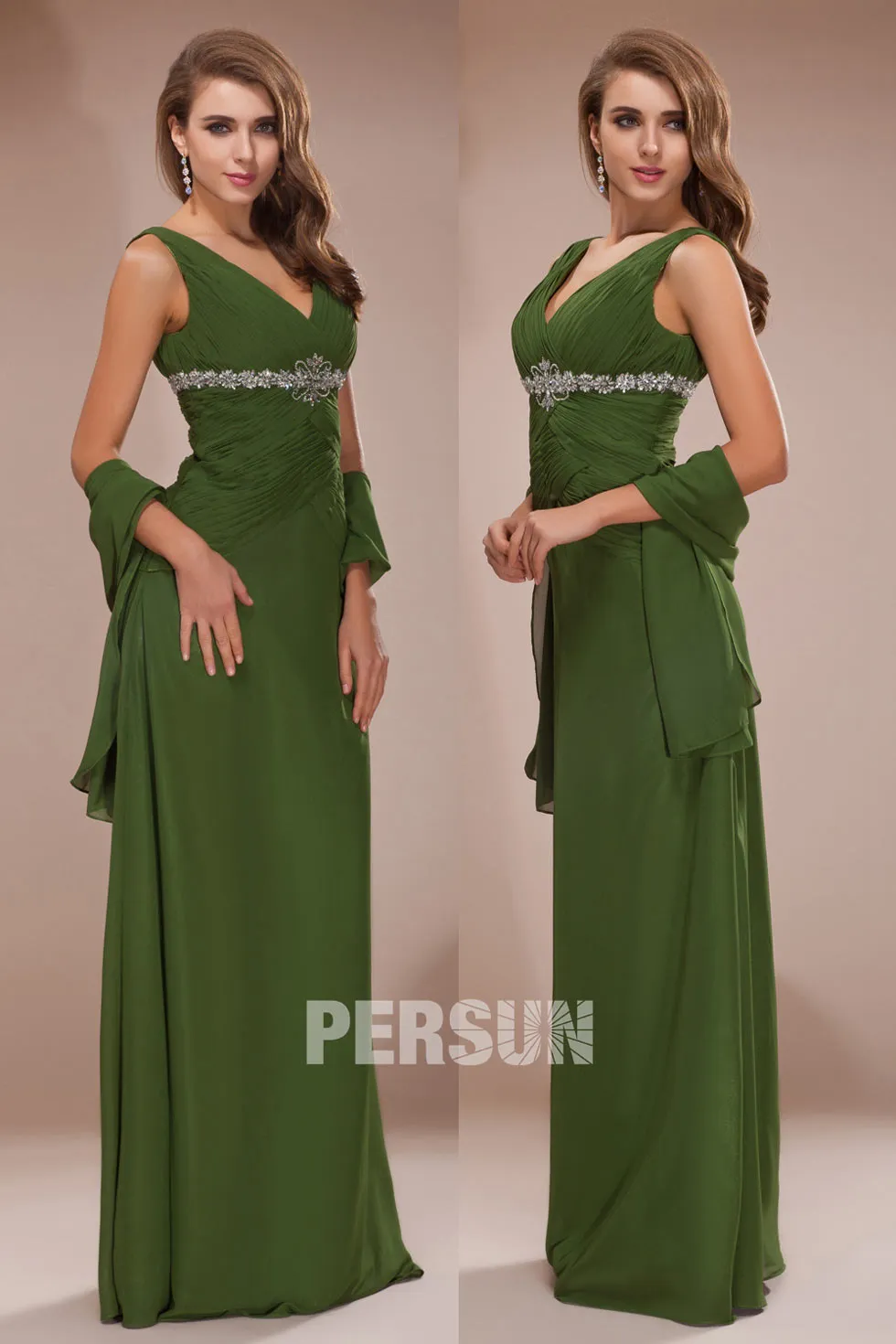 Robe de soirée longue col en V profond en mousseline verte