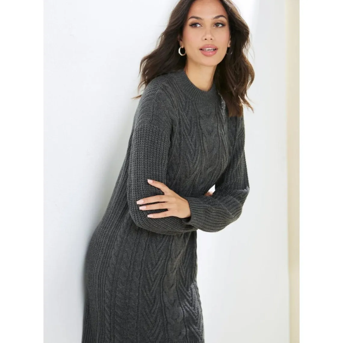 Robe en tricot à manches longues avec motif tressé gris chiné | 3 Suisses