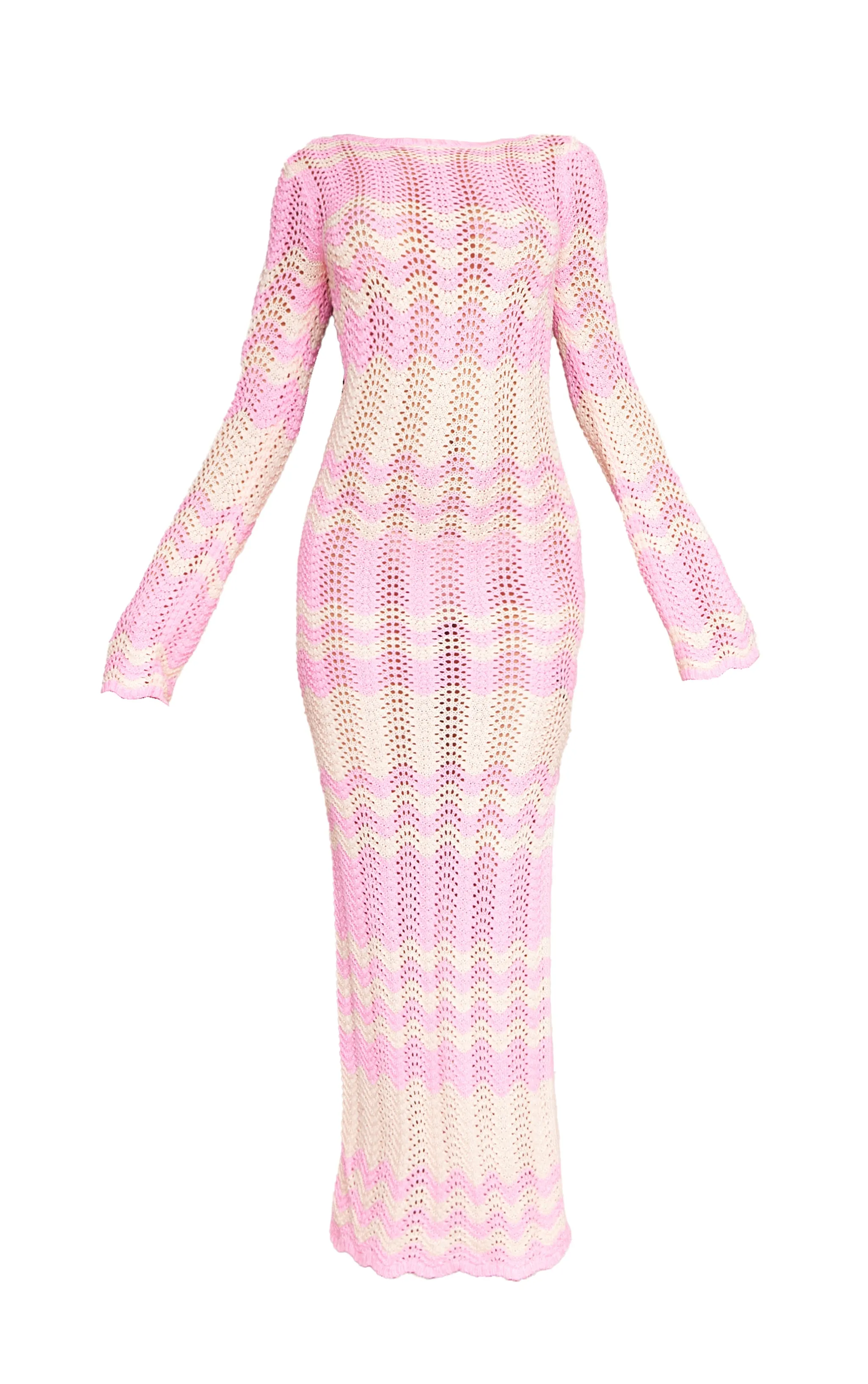 Robe longue en maille texturée style vagues rose à manches longues