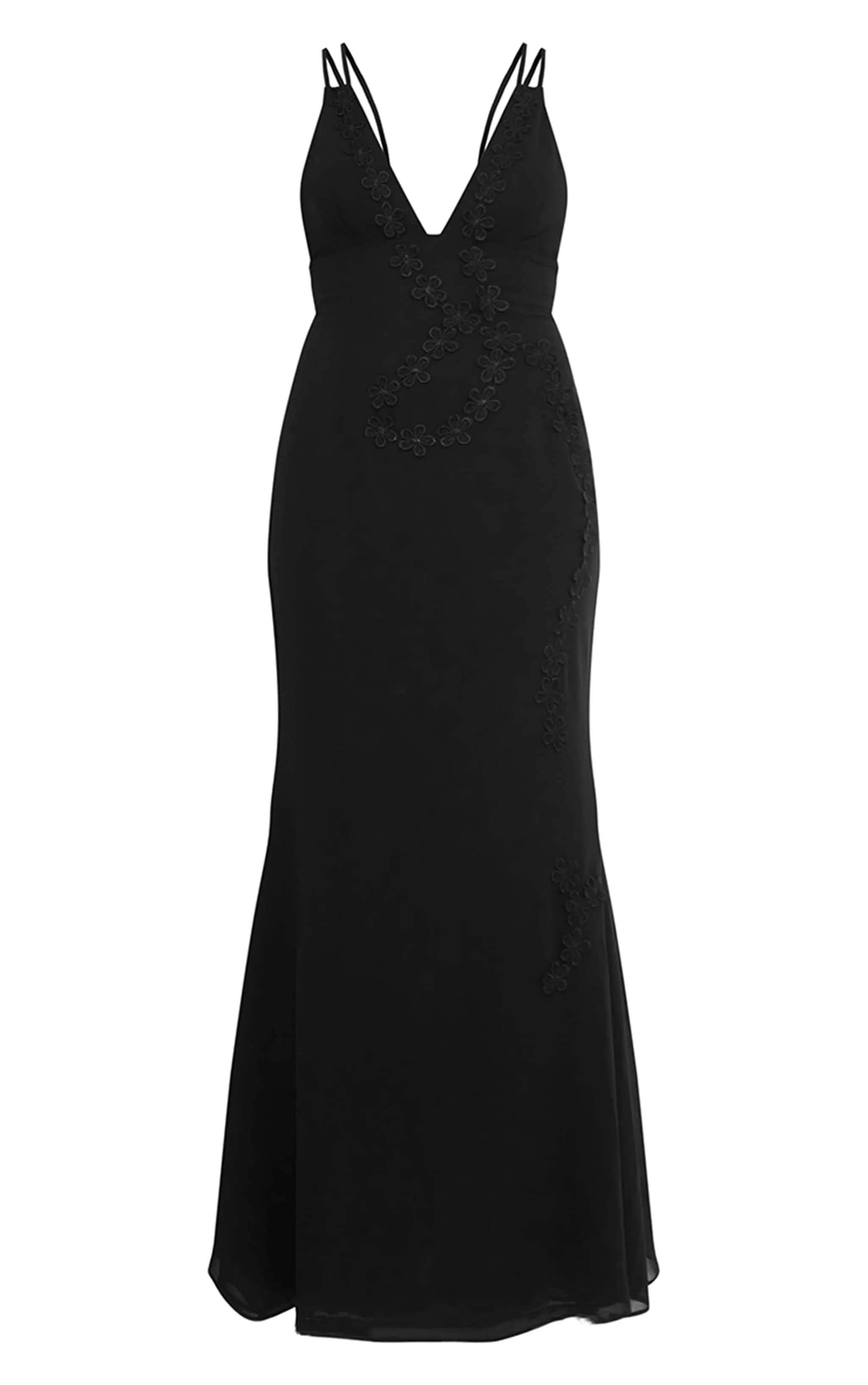 Robe longue en mousseline de soie noire à détail fleuri