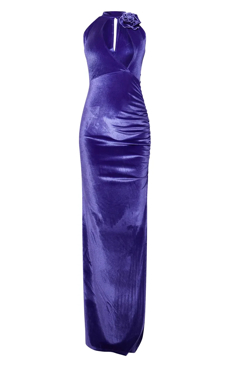 Robe longue en velours violet découpée à fente et détail fleur