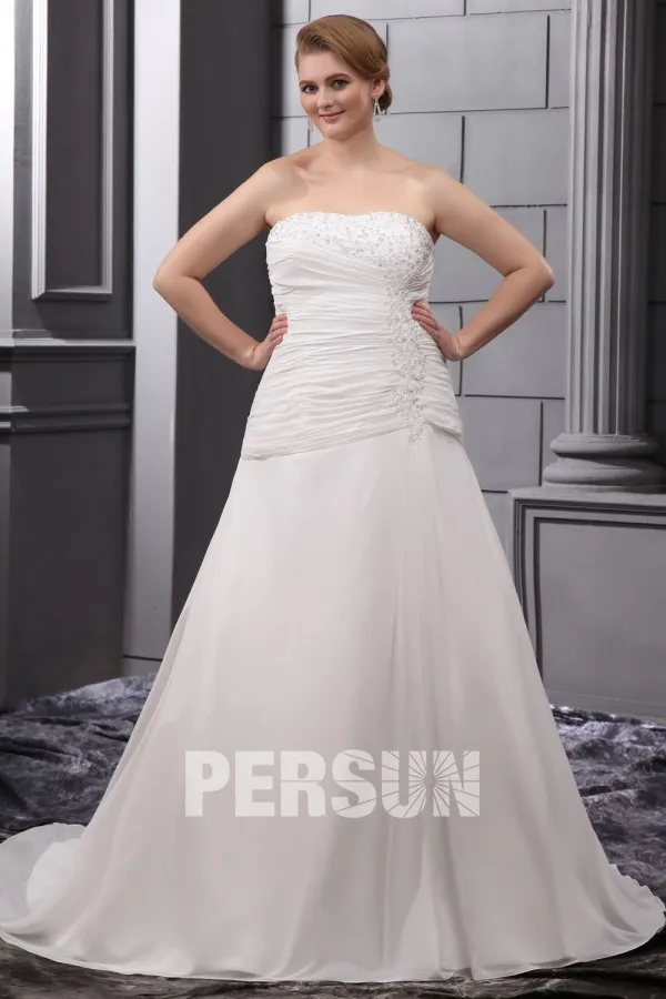 Robe mariée grande taille simple appliques pailleté ruchée en Mousseline décolleté en cœur