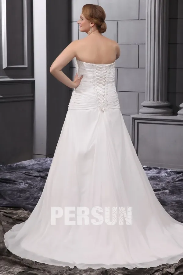 Robe mariée grande taille simple appliques pailleté ruchée en Mousseline décolleté en cœur