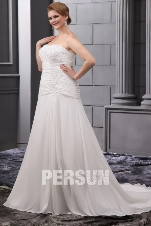 Robe mariée grande taille simple appliques pailleté ruchée en Mousseline décolleté en cœur