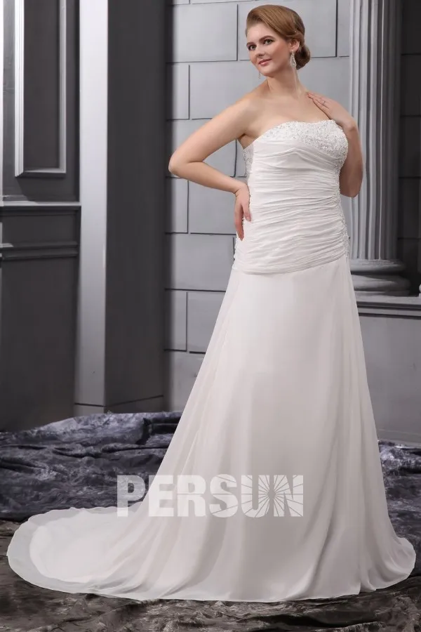 Robe mariée grande taille simple appliques pailleté ruchée en Mousseline décolleté en cœur