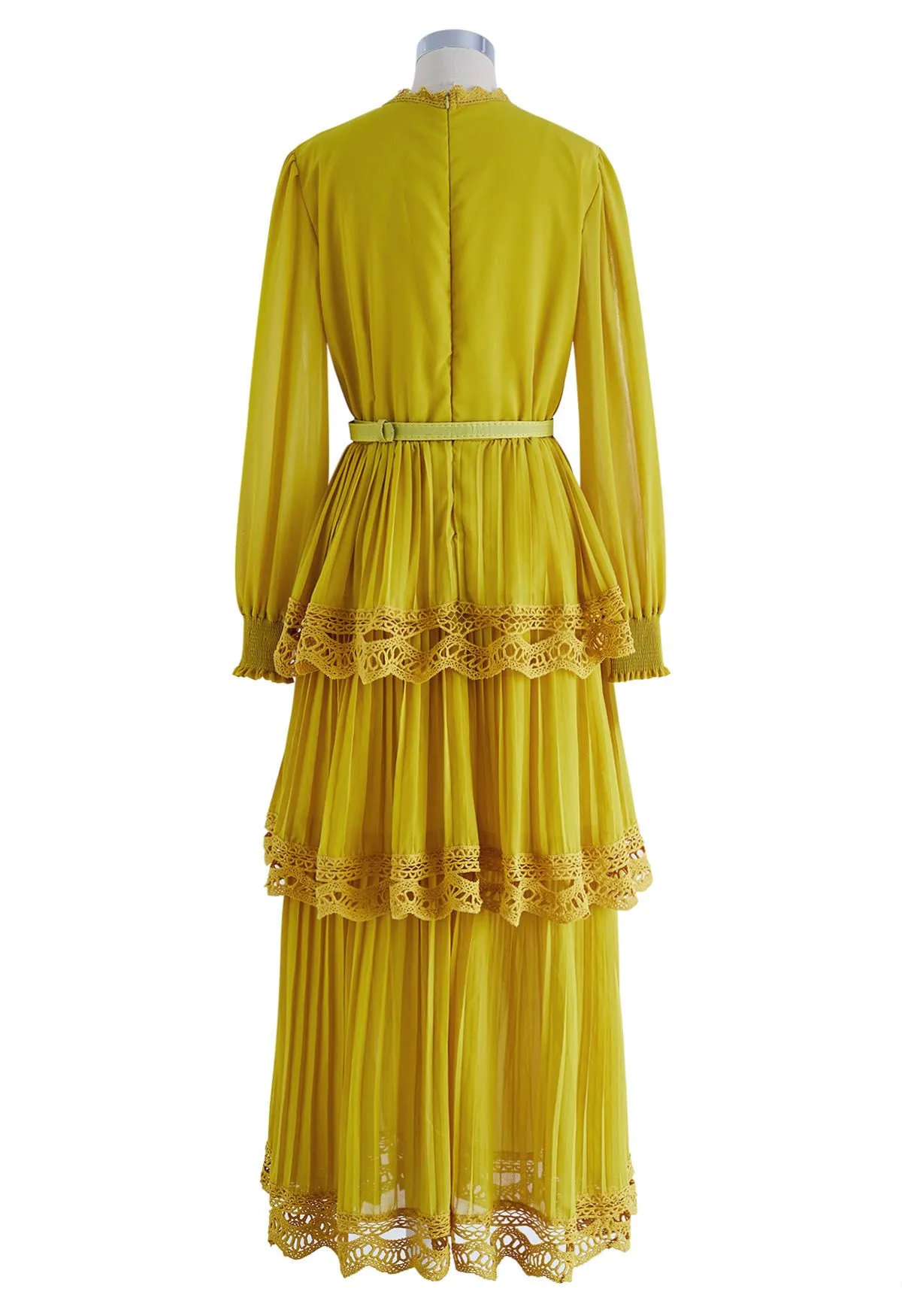 Robe Maxi en Mousseline de Soie Plissée en Dentelle au Crochet en Jaune