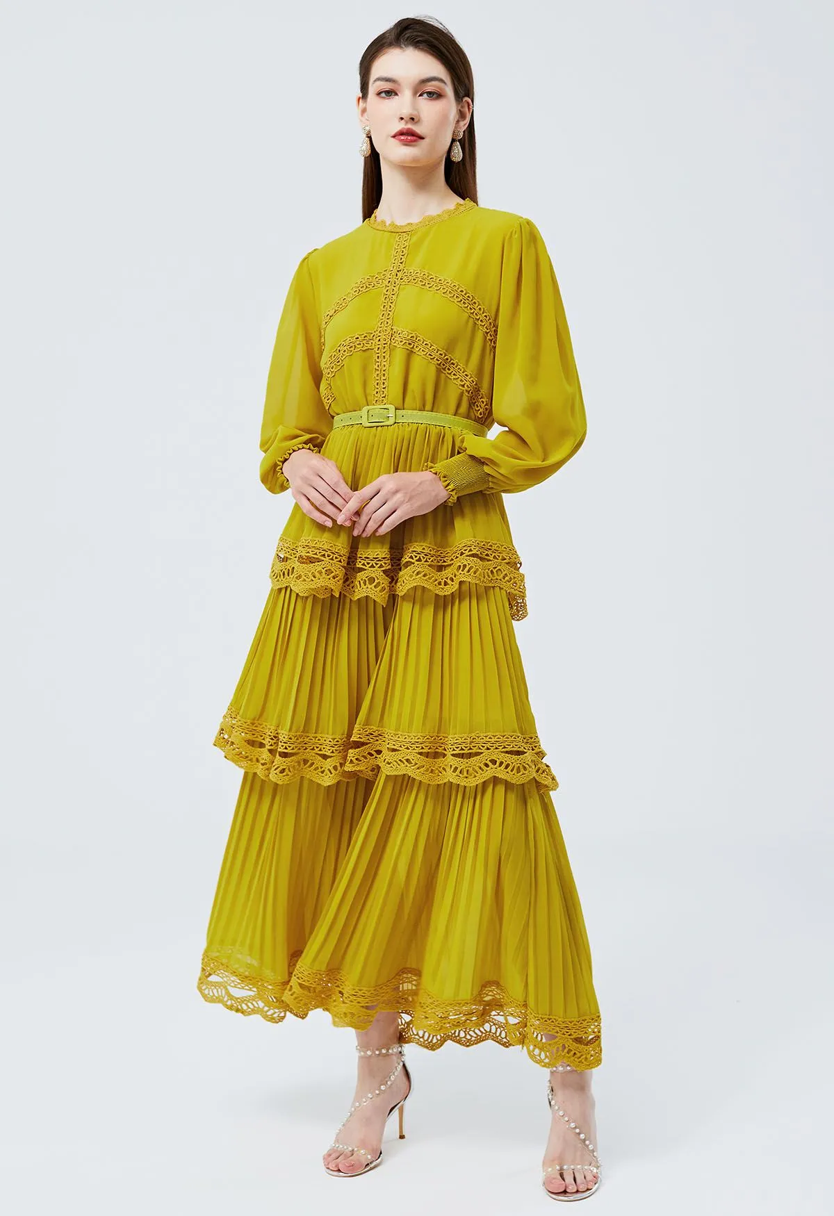 Robe Maxi en Mousseline de Soie Plissée en Dentelle au Crochet en Jaune