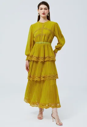 Robe Maxi en Mousseline de Soie Plissée en Dentelle au Crochet en Jaune