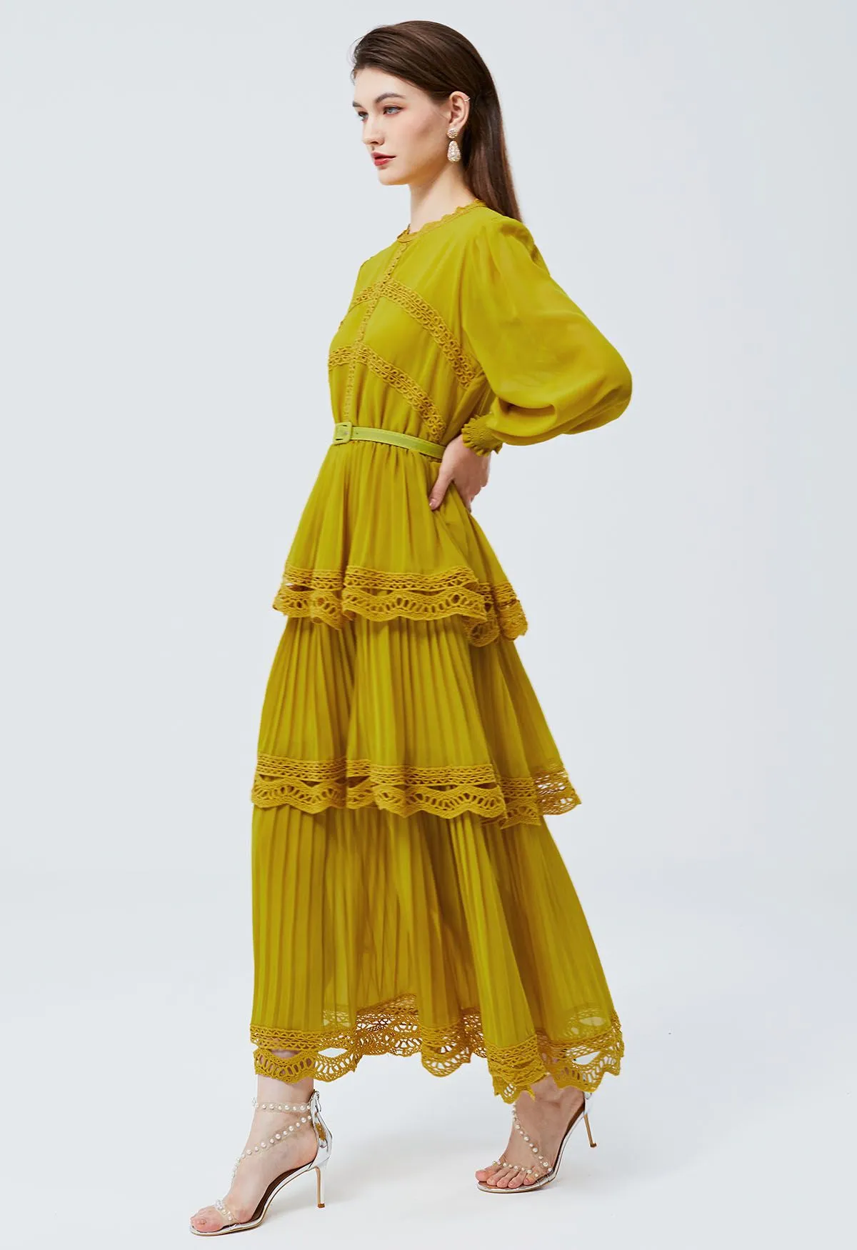 Robe Maxi en Mousseline de Soie Plissée en Dentelle au Crochet en Jaune