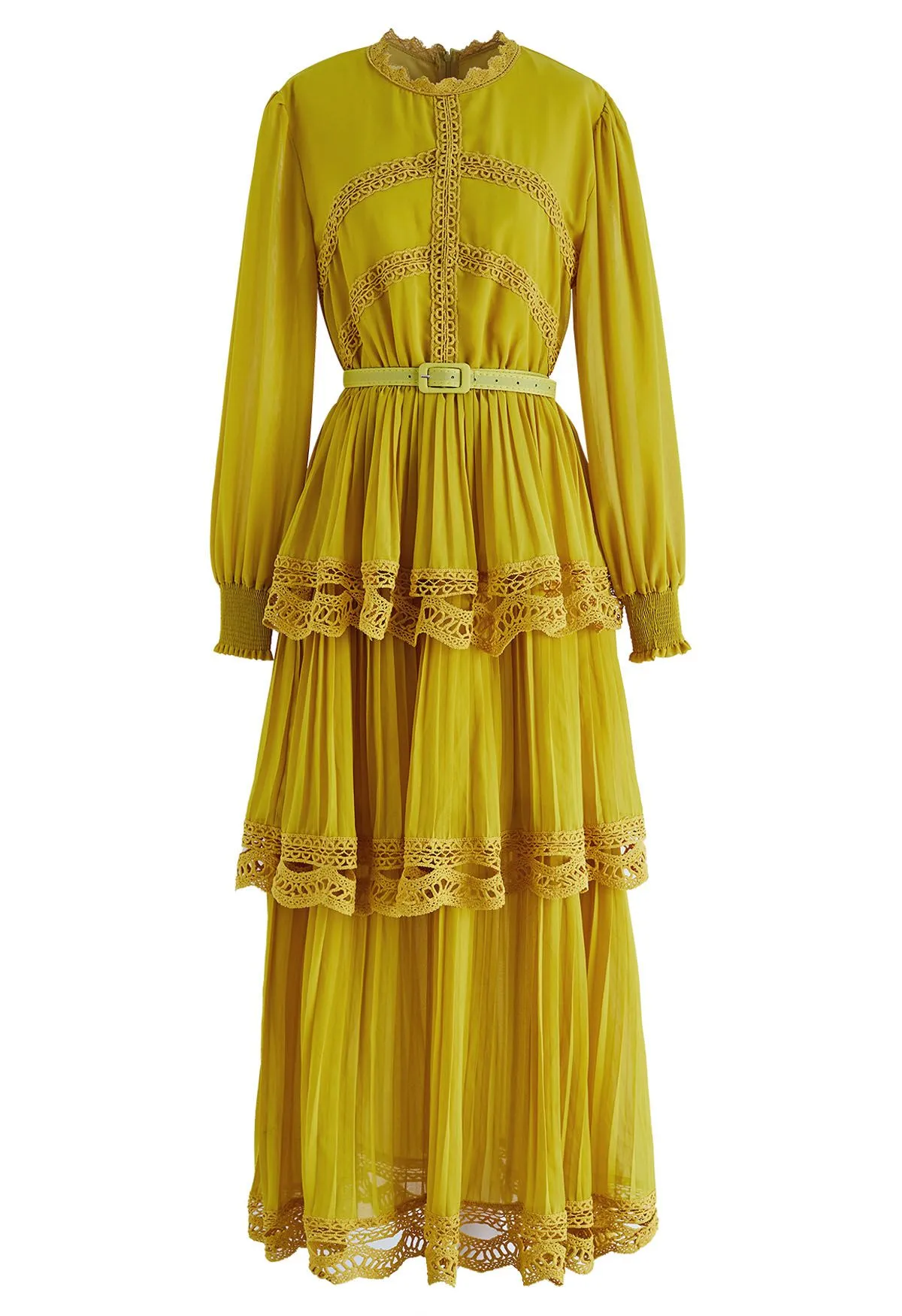 Robe Maxi en Mousseline de Soie Plissée en Dentelle au Crochet en Jaune