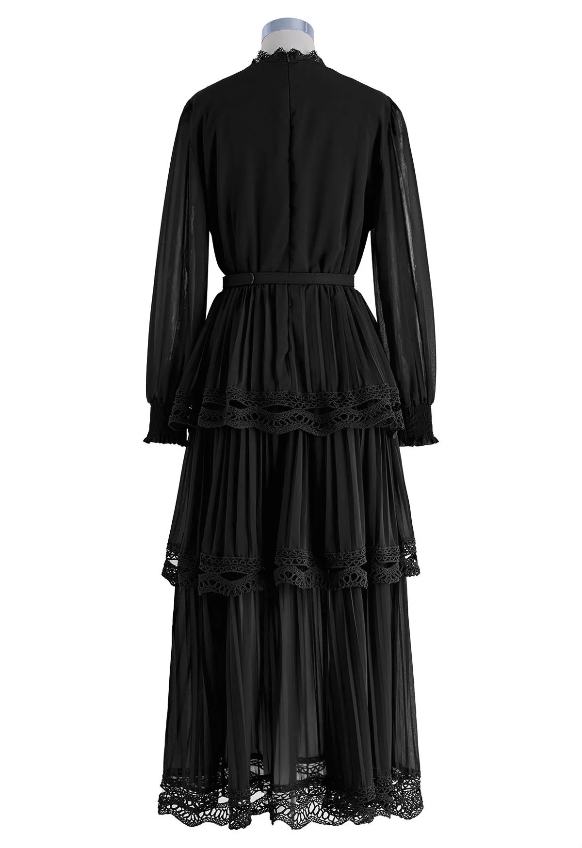 Robe Maxi en Mousseline de Soie Plissée en Dentelle au Crochet en Noir