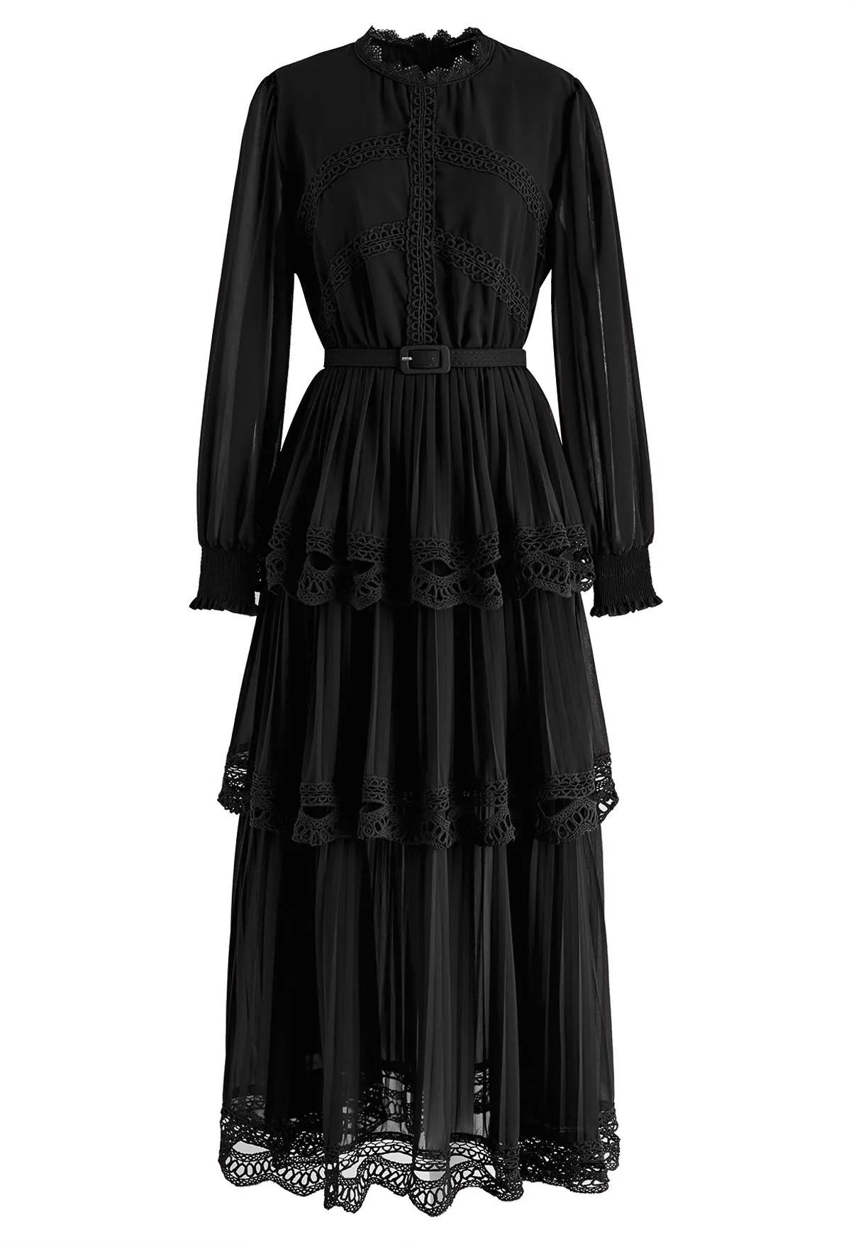 Robe Maxi en Mousseline de Soie Plissée en Dentelle au Crochet en Noir