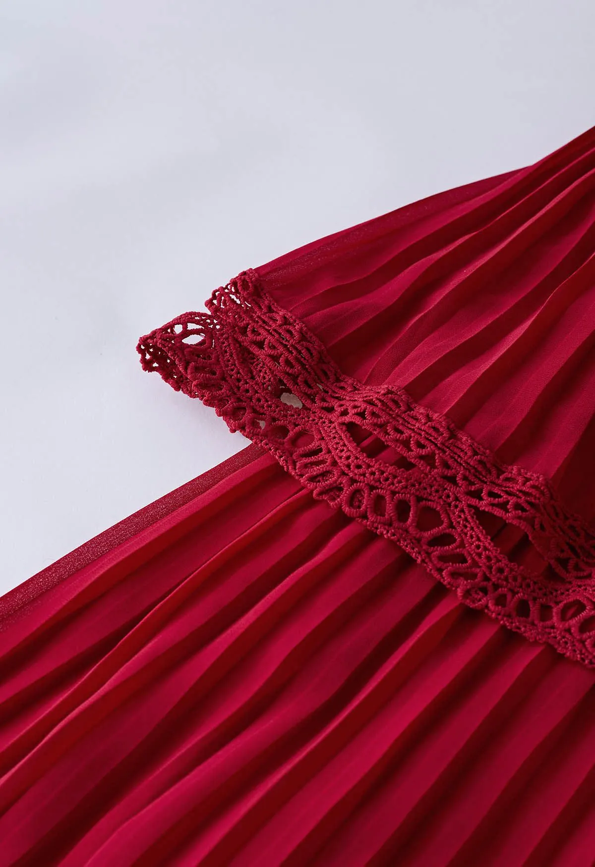 Robe Maxi en Mousseline de Soie Plissée en Dentelle au Crochet en Rouge