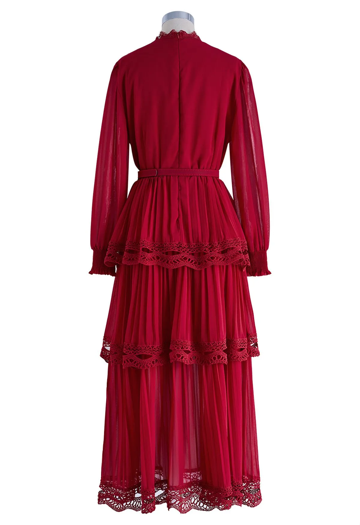 Robe Maxi en Mousseline de Soie Plissée en Dentelle au Crochet en Rouge