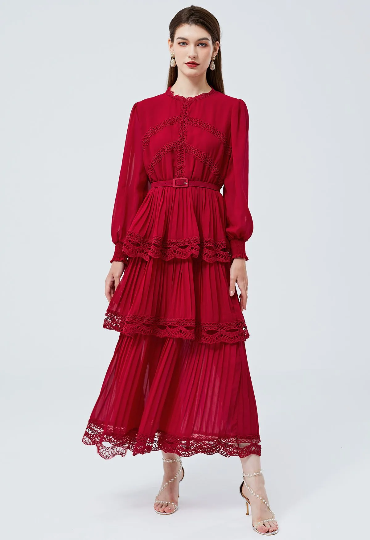 Robe Maxi en Mousseline de Soie Plissée en Dentelle au Crochet en Rouge