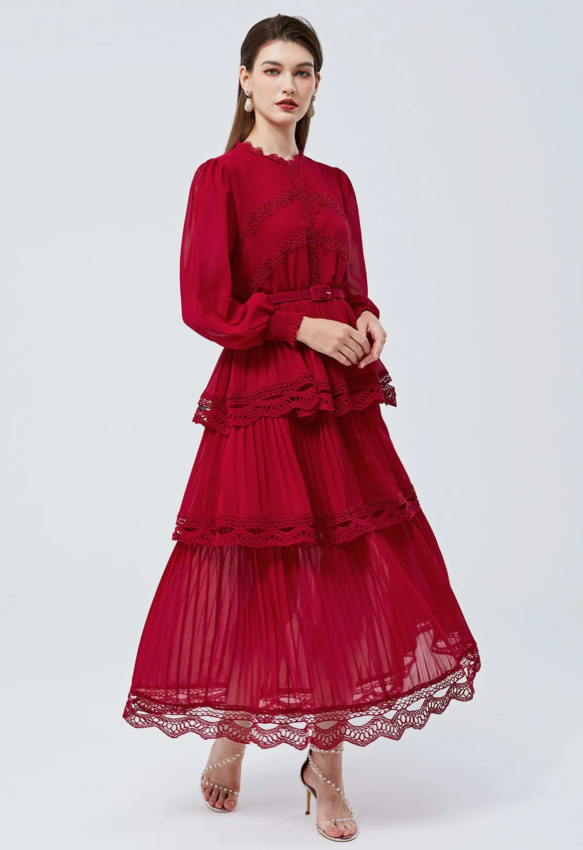 Robe Maxi en Mousseline de Soie Plissée en Dentelle au Crochet en Rouge