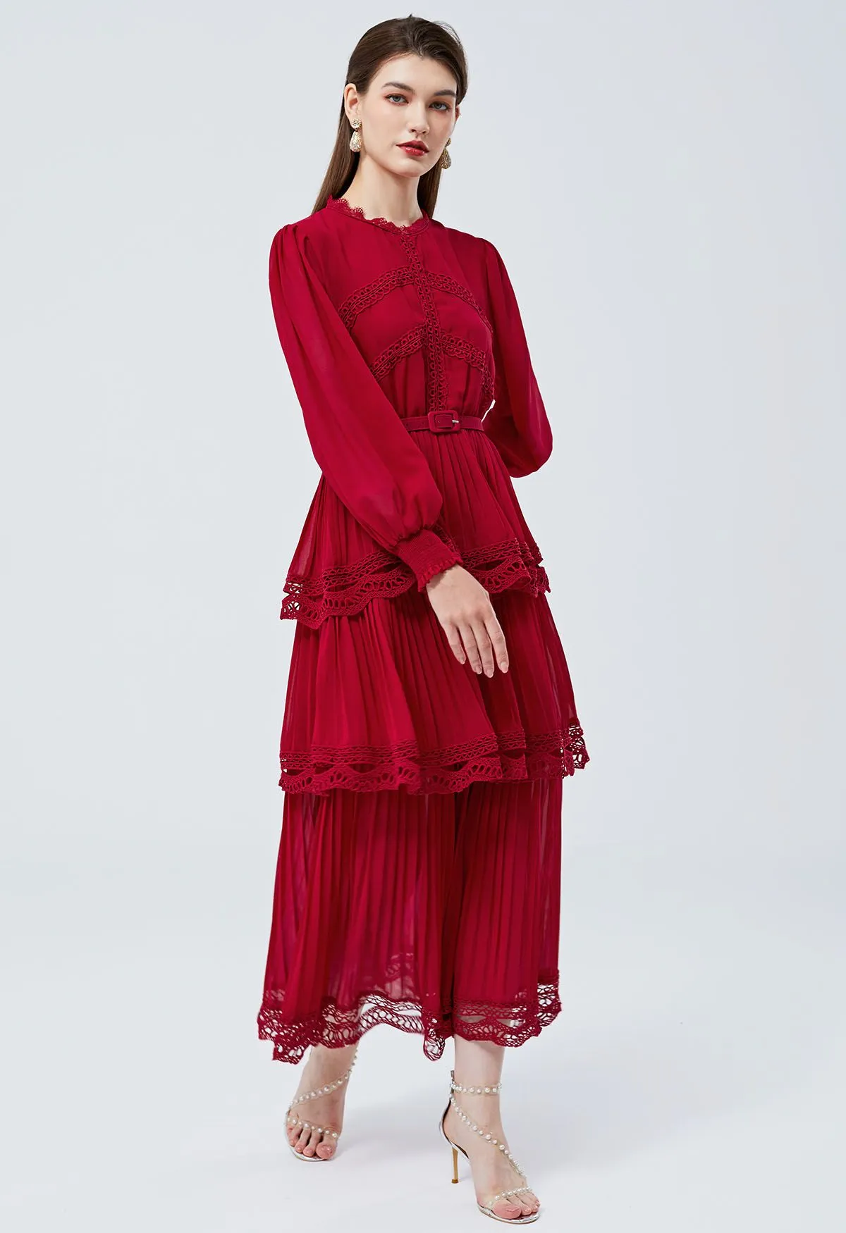 Robe Maxi en Mousseline de Soie Plissée en Dentelle au Crochet en Rouge