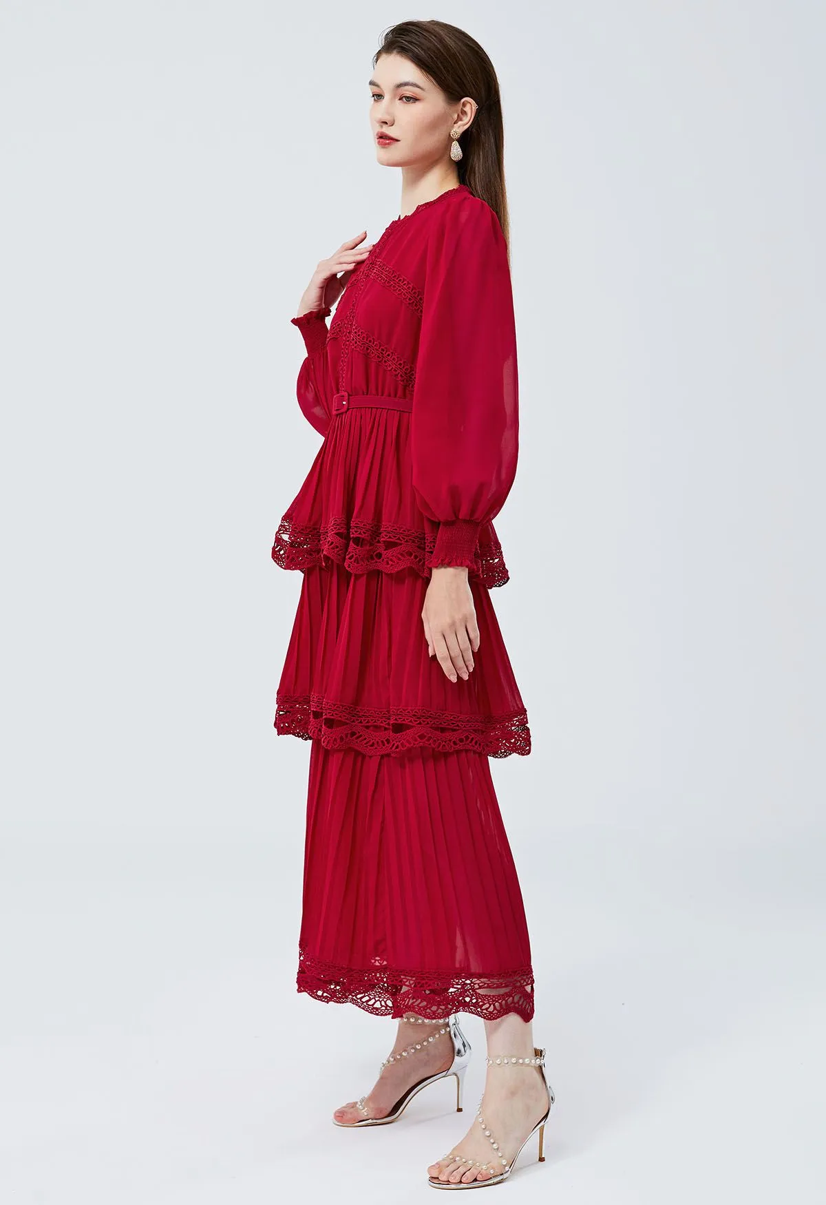 Robe Maxi en Mousseline de Soie Plissée en Dentelle au Crochet en Rouge