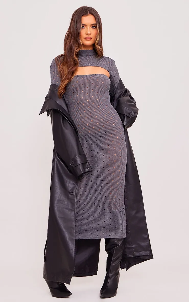 Robe mi-longue côtelée gris anthracite découpée à manches longues