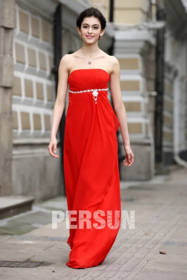 Robe rouge de soirée longue Empire bustier en mousseline polyester