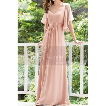 Robe Soirée Rose Longue Avec Manches Fluide En Mousseline