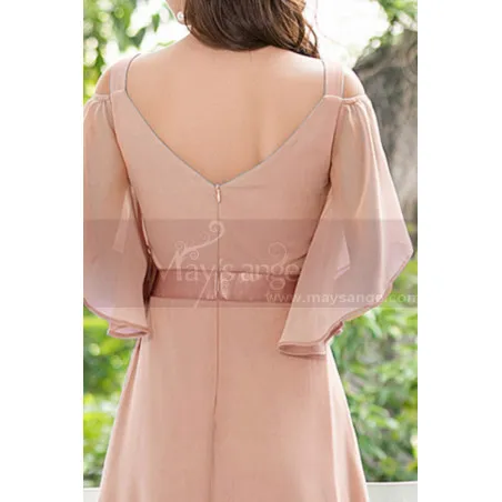 Robe Soirée Rose Longue Avec Manches Fluide En Mousseline